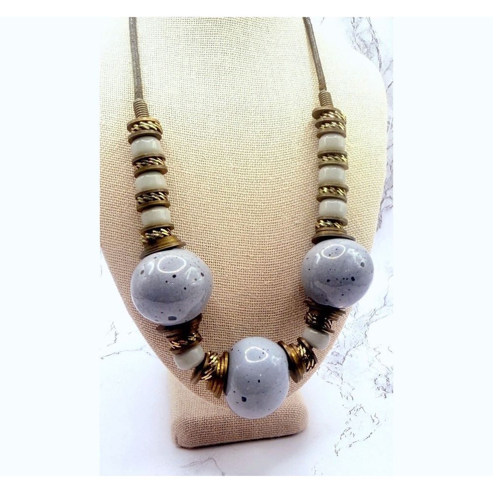 Boho Gray Speckled‎ Bead Cord Necklace Antique Gold 16.5 Statement